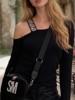 Black Long Sleeve Rhinestone Single Shoulder Top